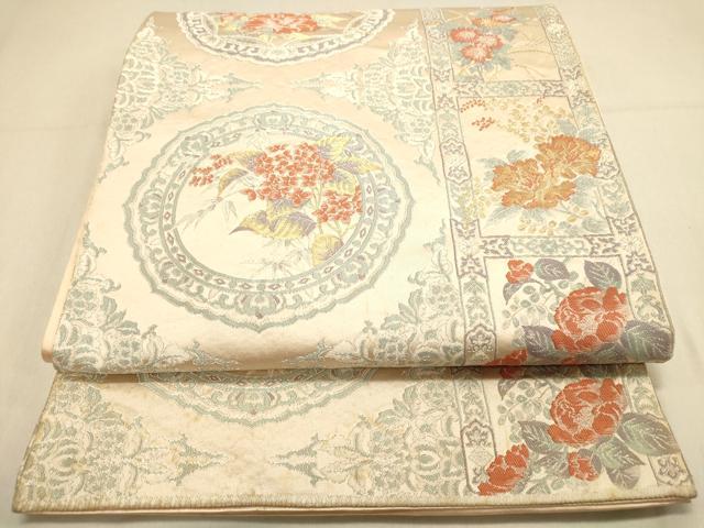 平和屋着物◎六通柄袋帯 花絵皿文 金銀糸 正絹 逸品 DAAX0901jm