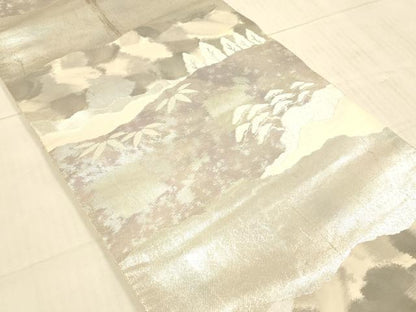 平和屋着物◎西陣　服部織物謹製　六通柄袋帯　風景文　松　笹の葉　銀糸　引箔　正絹　逸品　DAAX0925jm