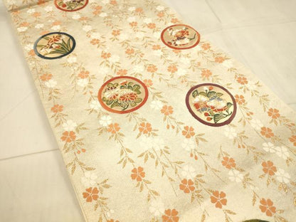 平和屋着物◎六通柄袋帯　唐織　桜花丸文　金糸　正絹　逸品　DAAX0930jm