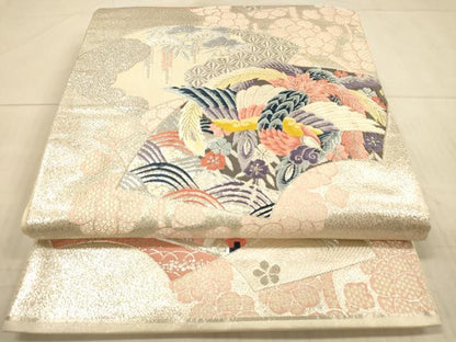 平和屋着物◎六通柄袋帯　唐織　扇面取鳳凰花文　銀糸　正絹　逸品　DAAX0934jm