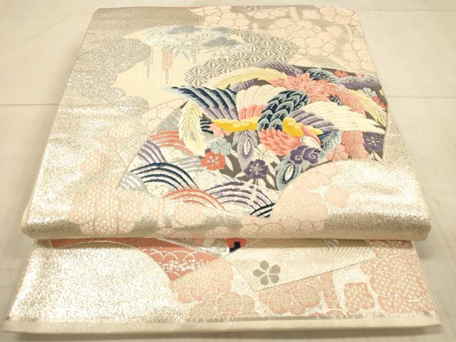 平和屋着物◎六通柄袋帯　唐織　扇面取鳳凰花文　銀糸　正絹　逸品　DAAX0934jm