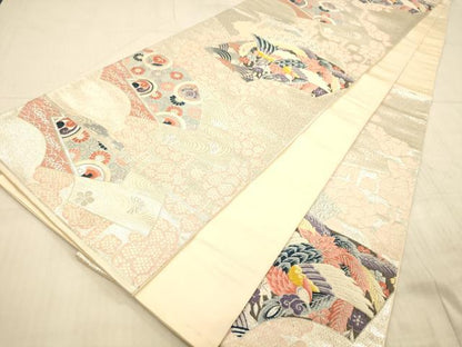 平和屋着物◎六通柄袋帯　唐織　扇面取鳳凰花文　銀糸　正絹　逸品　DAAX0934jm