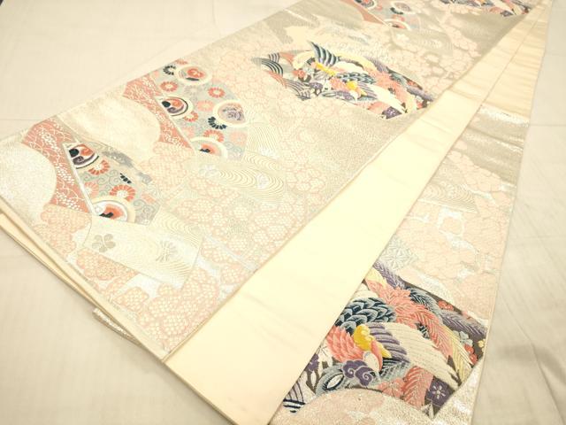 平和屋着物◎六通柄袋帯　唐織　扇面取鳳凰花文　銀糸　正絹　逸品　DAAX0934jm