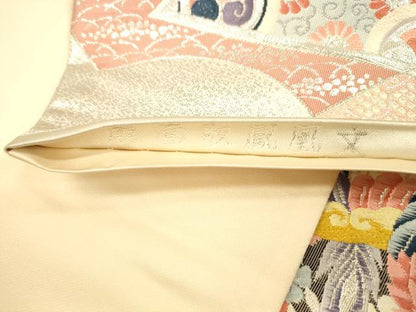 平和屋着物◎六通柄袋帯　唐織　扇面取鳳凰花文　銀糸　正絹　逸品　DAAX0934jm