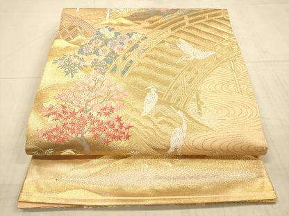 平和屋着物◎六通柄袋帯 唐織 渡橋花鳥文 金銀糸 正絹 逸品 DAAX0938jm