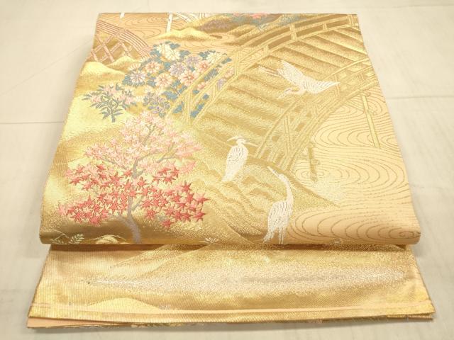 平和屋着物◎六通柄袋帯 唐織 渡橋花鳥文 金銀糸 正絹 逸品 DAAX0938jm