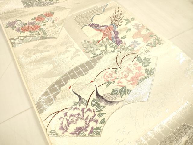 平和屋着物◎六通柄袋帯 九百錦 地紙花鳥文 鶴 純銀プラチナ箔 正絹 逸品 DAAX0944jm