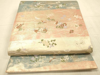 平和屋着物◎六通柄袋帯　花鳥文　引箔　正絹　逸品　DAAX0949jm