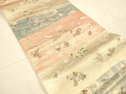 平和屋着物◎六通柄袋帯　花鳥文　引箔　正絹　逸品　DAAX0949jm
