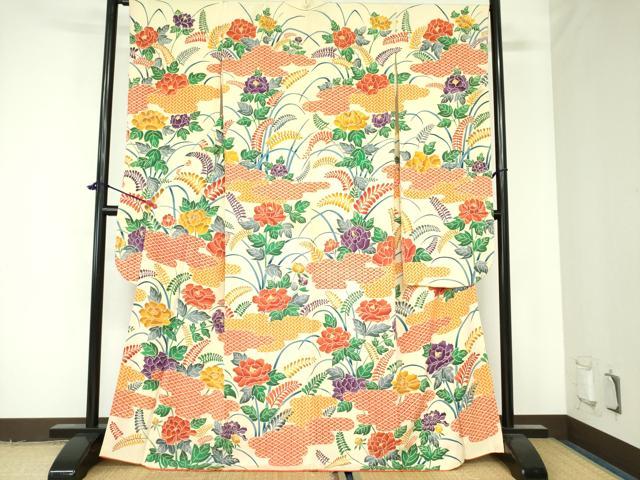 平和屋着物●豪華振袖 型染 牡丹 鬼しぼ縮緬 正絹 逸品 DAAX1240op