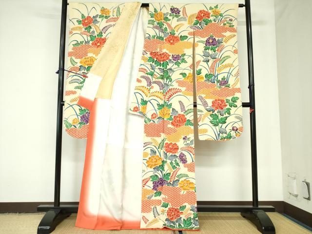 平和屋着物●豪華振袖 型染 牡丹 鬼しぼ縮緬 正絹 逸品 DAAX1240op