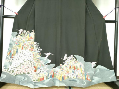 平和屋着物●豪華黒留袖　友禅　作家物　飛鶴風景花文　正絹　逸品　DAAX1262op