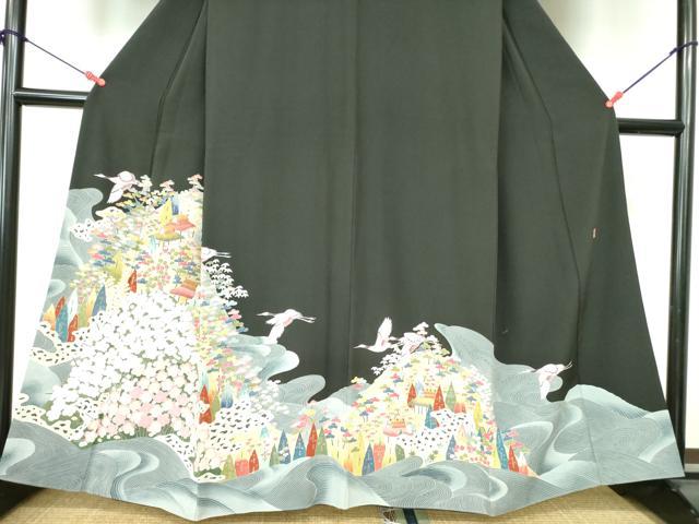 平和屋着物●豪華黒留袖　友禅　作家物　飛鶴風景花文　正絹　逸品　DAAX1262op