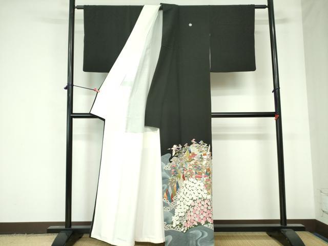 平和屋着物●豪華黒留袖　友禅　作家物　飛鶴風景花文　正絹　逸品　DAAX1262op