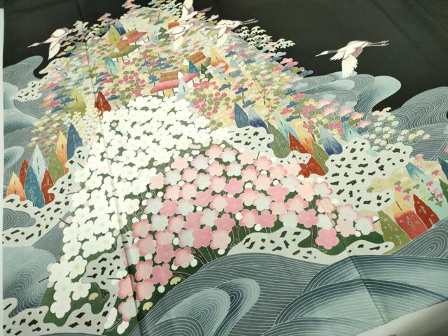 平和屋着物●豪華黒留袖　友禅　作家物　飛鶴風景花文　正絹　逸品　DAAX1262op