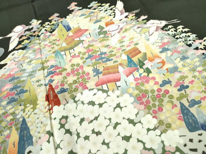 平和屋着物●豪華黒留袖　友禅　作家物　飛鶴風景花文　正絹　逸品　DAAX1262op