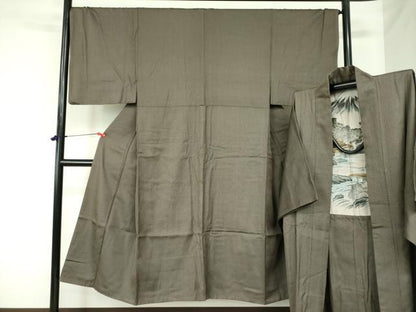 平和屋着物●男性　紬　アンサンブル　長羽織　120亀甲　総詰め　正絹　逸品　DAAX1275op