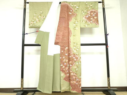 平和屋着物●訪問着　絞り　草花文　金彩　正絹　逸品　DAAX1509op