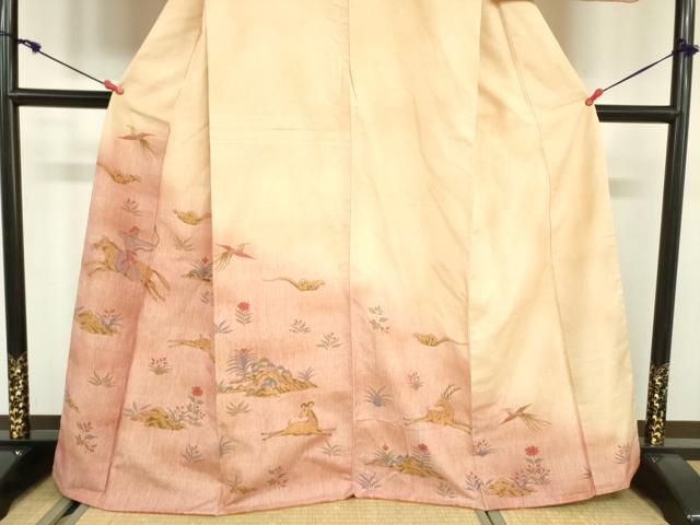 平和屋着物●訪問着　紬地　手描き　狩猟文　暈し染め　正絹　逸品　DAAX1510op