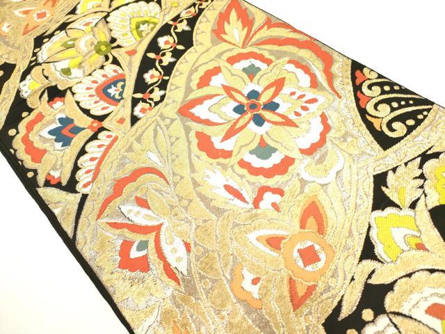 平和屋着物◎六通柄 本袋帯 更紗花文 黒地 金糸 正絹 逸品 DAAX1566op