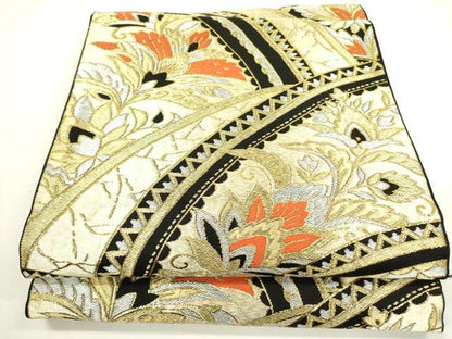 平和屋着物◎六通柄袋帯 更紗花文 黒地 金銀糸 正絹 逸品 DAAX1586op