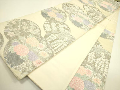 平和屋着物◎六通柄袋帯 唐織 草花丸文 銀糸 正絹 逸品 DAAX1616op