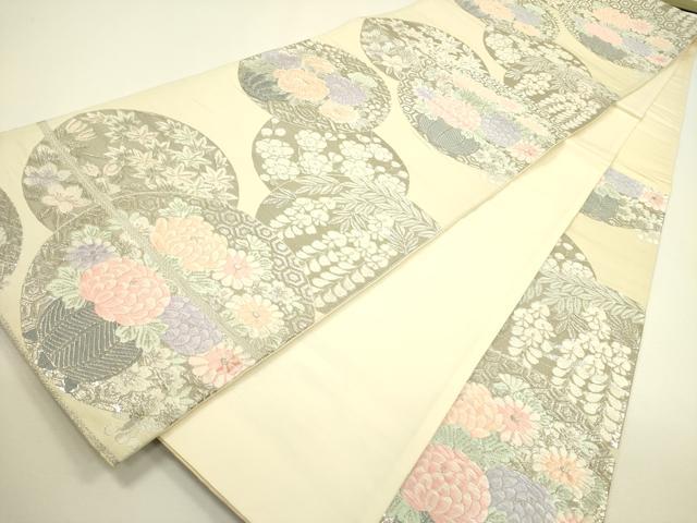 平和屋着物◎六通柄袋帯 唐織 草花丸文 銀糸 正絹 逸品 DAAX1616op