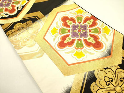 平和屋着物◎六通柄袋帯　唐織　亀甲花文　黒地　金糸　正絹　逸品　DAAX1632op