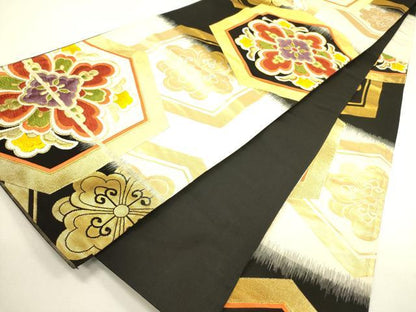平和屋着物◎六通柄袋帯　唐織　亀甲花文　黒地　金糸　正絹　逸品　DAAX1632op