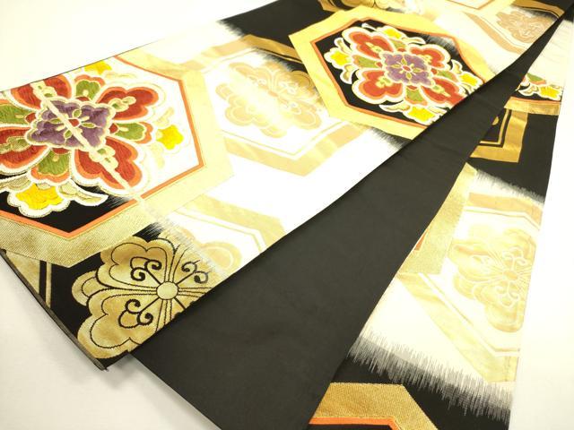 平和屋着物◎六通柄袋帯　唐織　亀甲花文　黒地　金糸　正絹　逸品　DAAX1632op