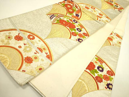 平和屋着物◎六通柄袋帯　唐織　扇面花文　光悦　金糸　正絹　逸品　DAAX1633op