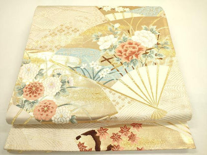 平和屋着物◎六通柄袋帯 唐織 扇面花文 金糸 正絹 逸品 DAAX1637op