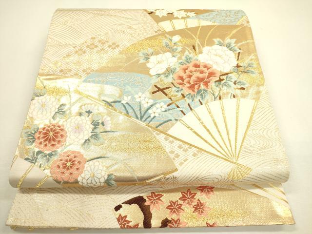 平和屋着物◎六通柄袋帯 唐織 扇面花文 金糸 正絹 逸品 DAAX1637op