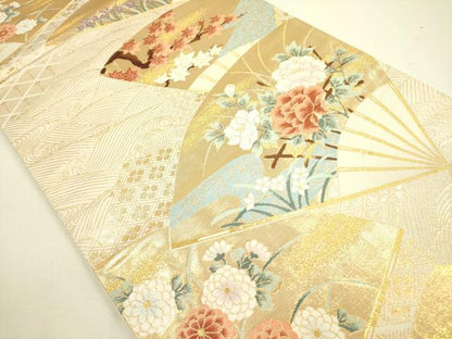 平和屋着物◎六通柄袋帯 唐織 扇面花文 金糸 正絹 逸品 DAAX1637op
