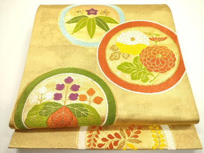 平和屋着物◎六通柄袋帯 唐織 草花丸文 金糸 正絹 逸品 DAAX1658op