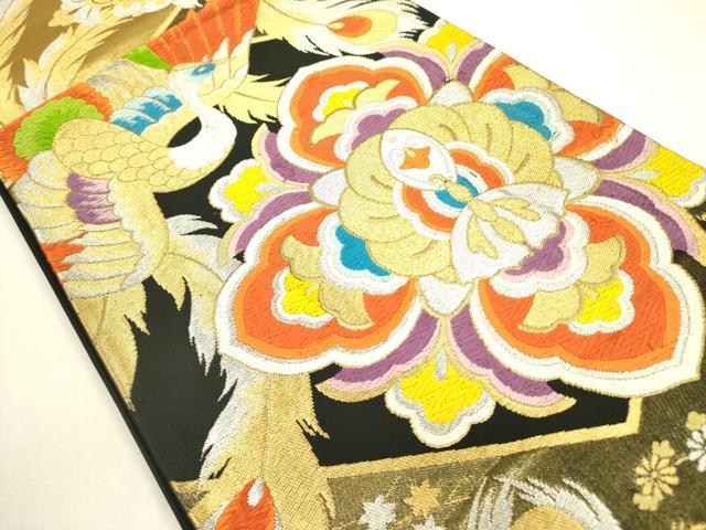 平和屋着物◎六通柄袋帯 唐織 孔雀花文 黒地 金銀糸 正絹 逸品 DAAX1678op