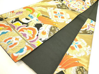 平和屋着物◎六通柄袋帯 唐織 孔雀花文 黒地 金銀糸 正絹 逸品 DAAX1678op