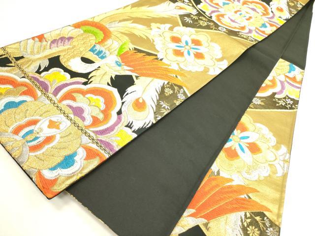 平和屋着物◎六通柄袋帯 唐織 孔雀花文 黒地 金銀糸 正絹 逸品 DAAX1678op
