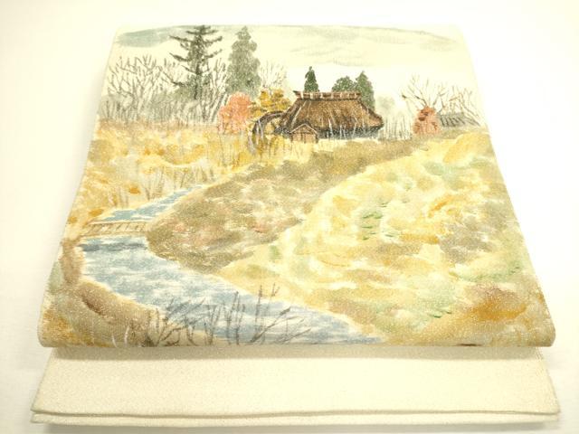 平和屋着物◎太鼓柄袋帯　手描き　風景文　正絹　逸品　DAAX1680op
