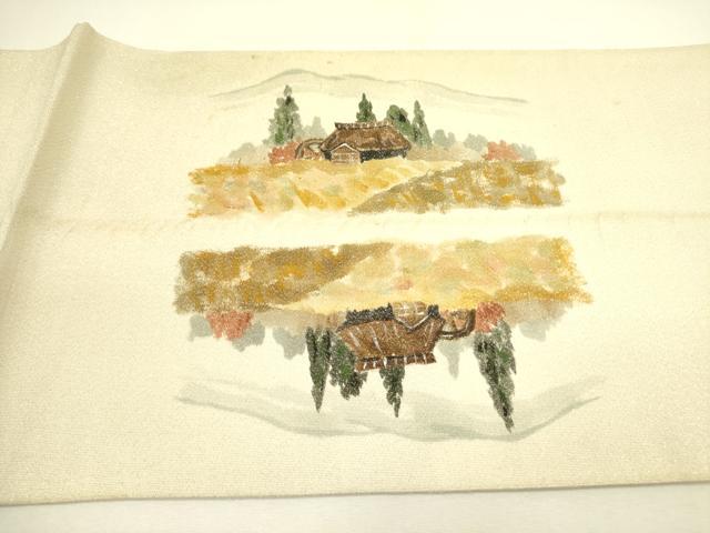 平和屋着物◎太鼓柄袋帯　手描き　風景文　正絹　逸品　DAAX1680op