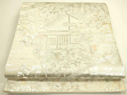 平和屋着物◎六通柄袋帯　風景文　銀糸　正絹　逸品　DAAX1684op