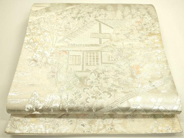 平和屋着物◎六通柄袋帯　風景文　銀糸　正絹　逸品　DAAX1684op