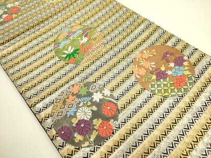 平和屋着物◎六通柄袋帯 唐織 花鳥丸文 黒地 金銀糸 正絹 逸品 DAAX1689op