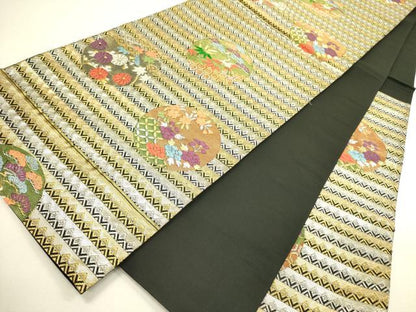 平和屋着物◎六通柄袋帯 唐織 花鳥丸文 黒地 金銀糸 正絹 逸品 DAAX1689op