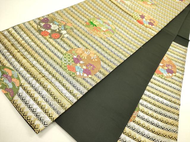 平和屋着物◎六通柄袋帯 唐織 花鳥丸文 黒地 金銀糸 正絹 逸品 DAAX1689op