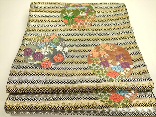 平和屋着物◎六通柄袋帯 唐織 花鳥丸文 黒地 金銀糸 正絹 逸品 DAAX1689op