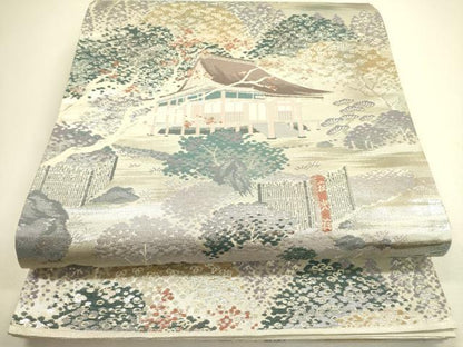 平和屋着物◎六通柄袋帯　風景文　銀糸　正絹　逸品　DAAX1695op