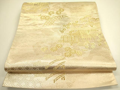 平和屋着物◎六通柄袋帯　風景花文　金糸　正絹　逸品　DAAX1702op