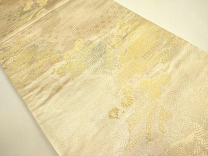 平和屋着物◎六通柄袋帯　風景花文　金糸　正絹　逸品　DAAX1702op