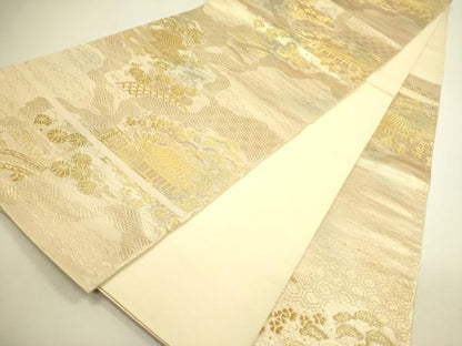 平和屋着物◎六通柄袋帯　風景花文　金糸　正絹　逸品　DAAX1702op